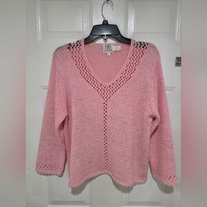 Fia Handloomed V-Neck Crochet Knit Sweater Pink Women's L